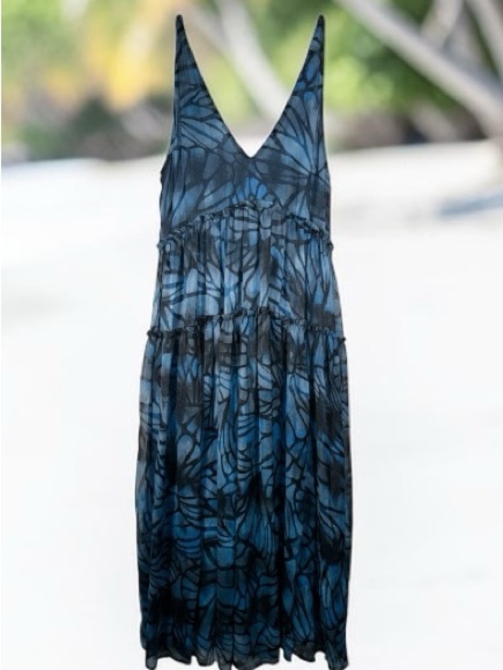 Free People Blue Patterned V-Neck Tiered Maxi Dress